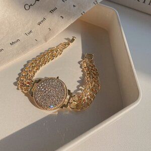 Gold Tone Rhinestone Chain Bracelet Size 7 Statement Glam Bracelet Chunkey